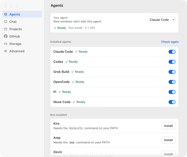 The Agents settings in Gui. Claude Code, Codex, Grok Build, OpenCode, Pi, and Muse Code show the status Ready. Kiro, Amp, and Devin are not installed.