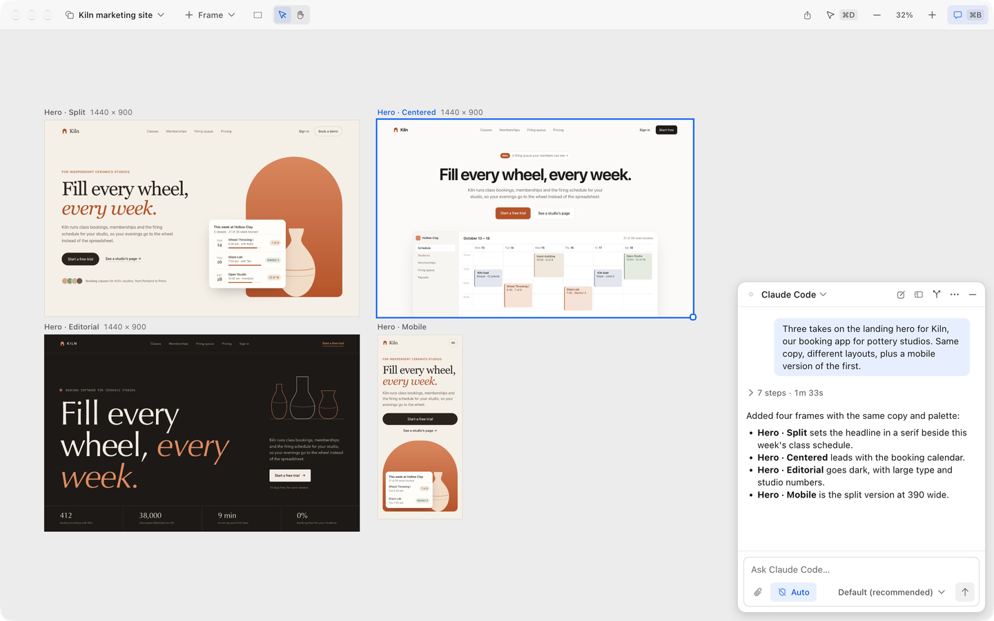 A canvas in Gui with four frames, as artboards: three desktop versions of a landing page for Kiln, a booking app for pottery studios, and a phone version. One frame is selected. In the chat, the user asked Claude Code for three versions of the page with the same text, and a phone version of the first.